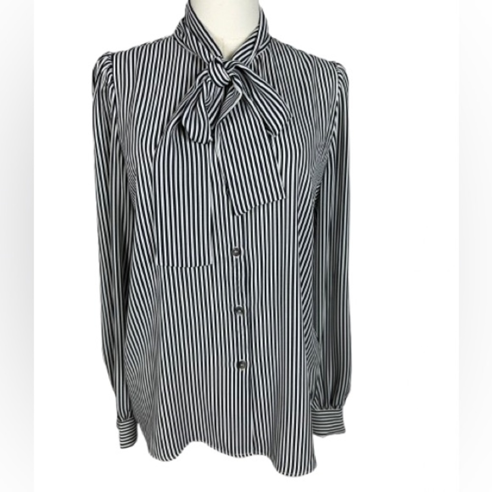 Premise Black and White Striped Bow-Neck Button Down Blouse